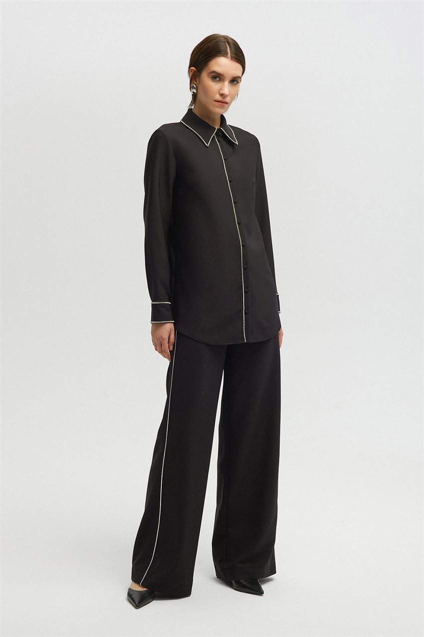 Parlak Taşlı Krep Gömlek-Siyah 24S1S0005-101
