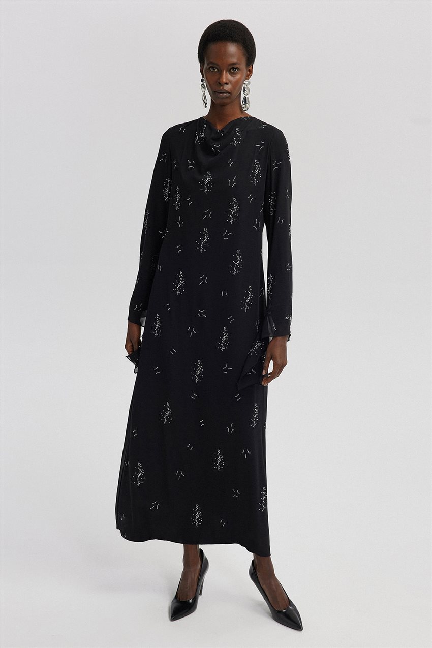 Taş İşlemeli Şifon Elbise-Siyah 24S1T0002-101