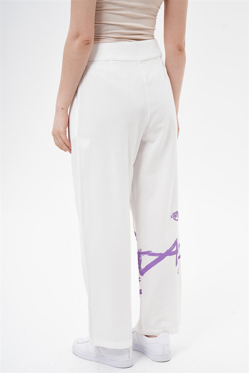 Baskı Desenli Beyaz-Mor Pantolon