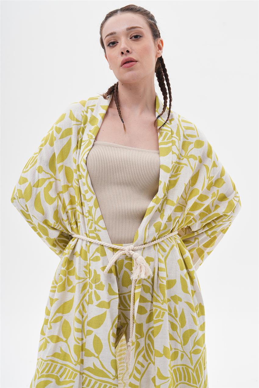 İkili Takım Keten Yaprak Desen Kimono-Asit 100057-R033