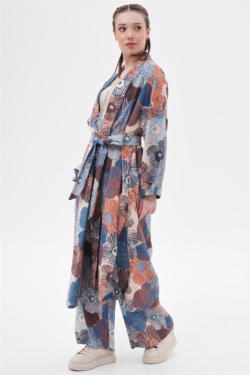 İkili Takım Keten Çiçekli Kimono-İndigo 100056-R116