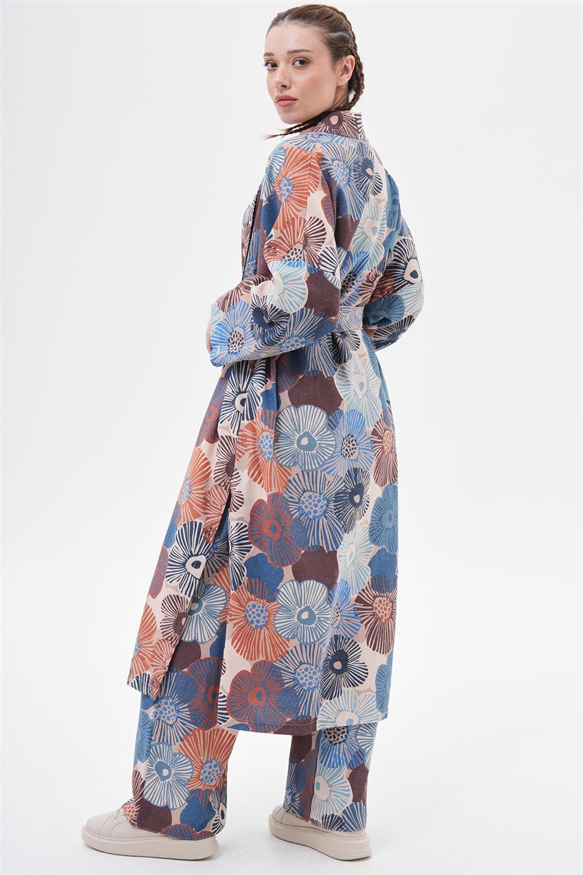 İkili Takım Keten Çiçekli Kimono-İndigo 100056-R116