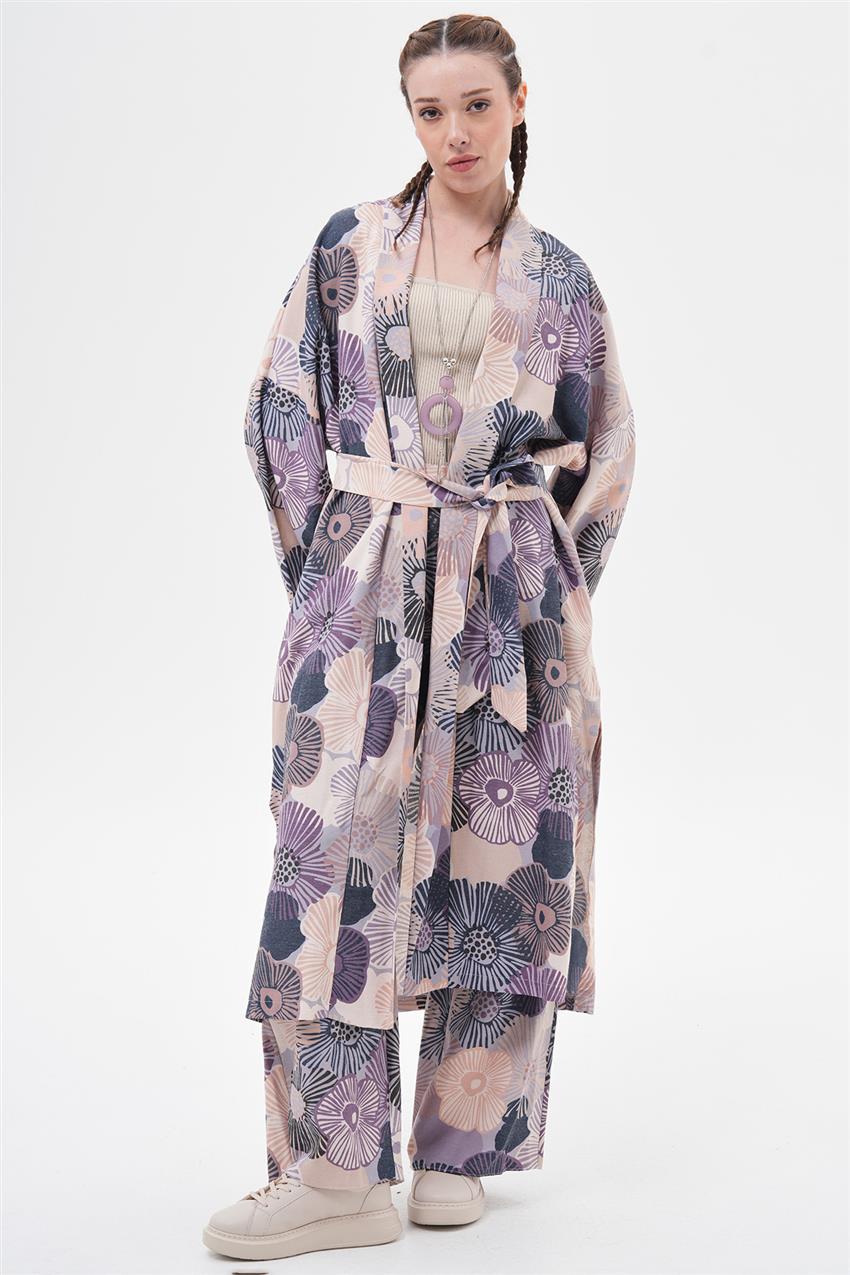 İkili Takım Keten Çiçekli Kimono-Mavi 100056-R191