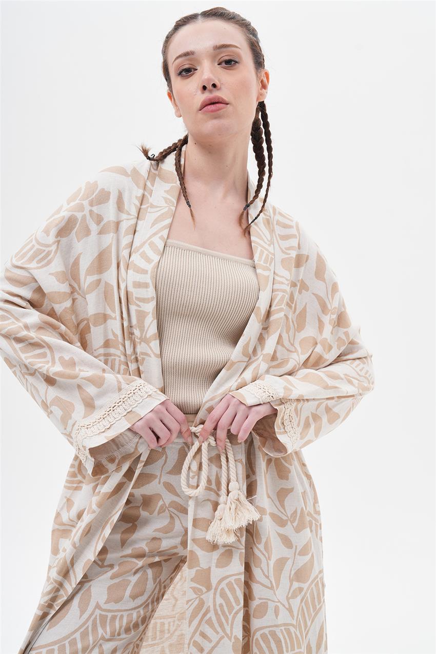 İkili Takım Keten Yaprak Desen Kimono-Bej 100057-R039