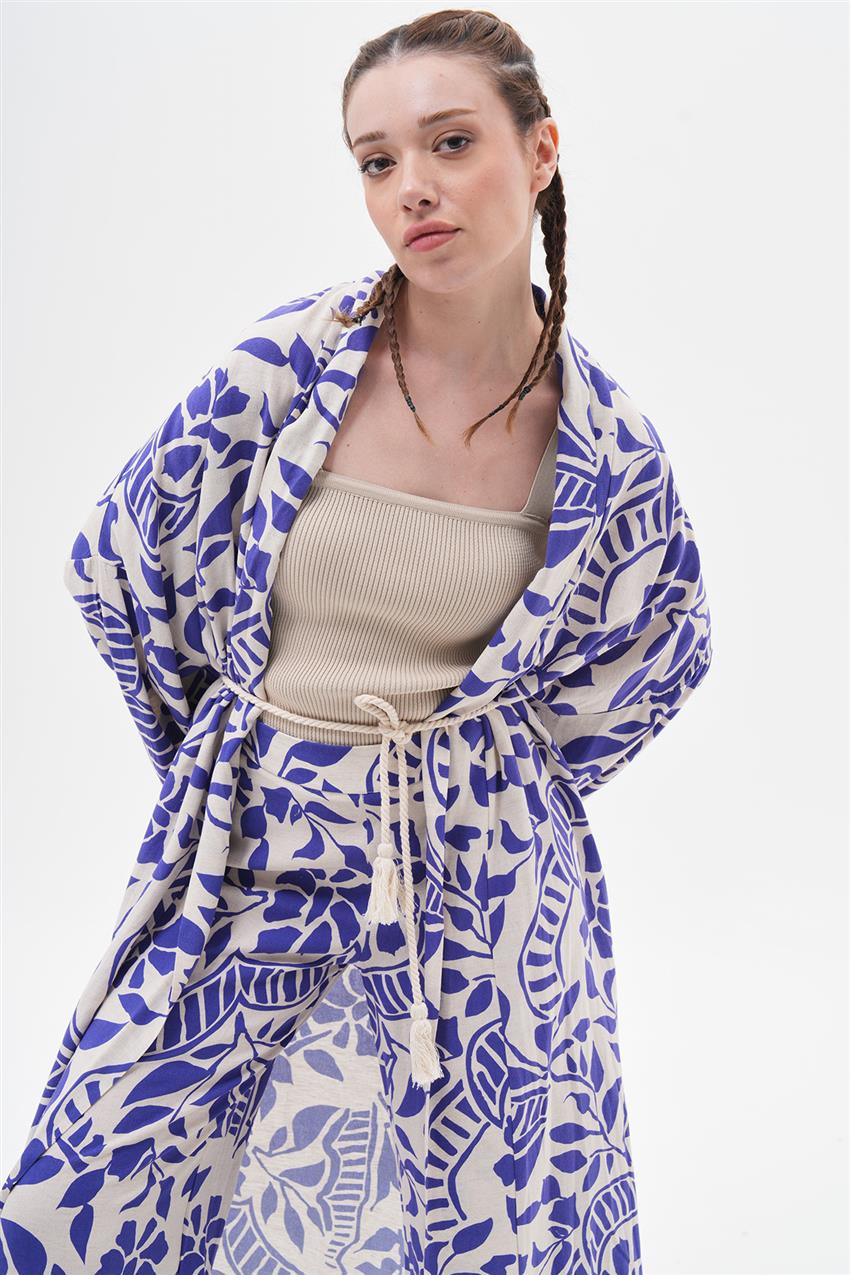 İkili Takım Keten Yaprak Desen Kimono-Saks 100057-R232