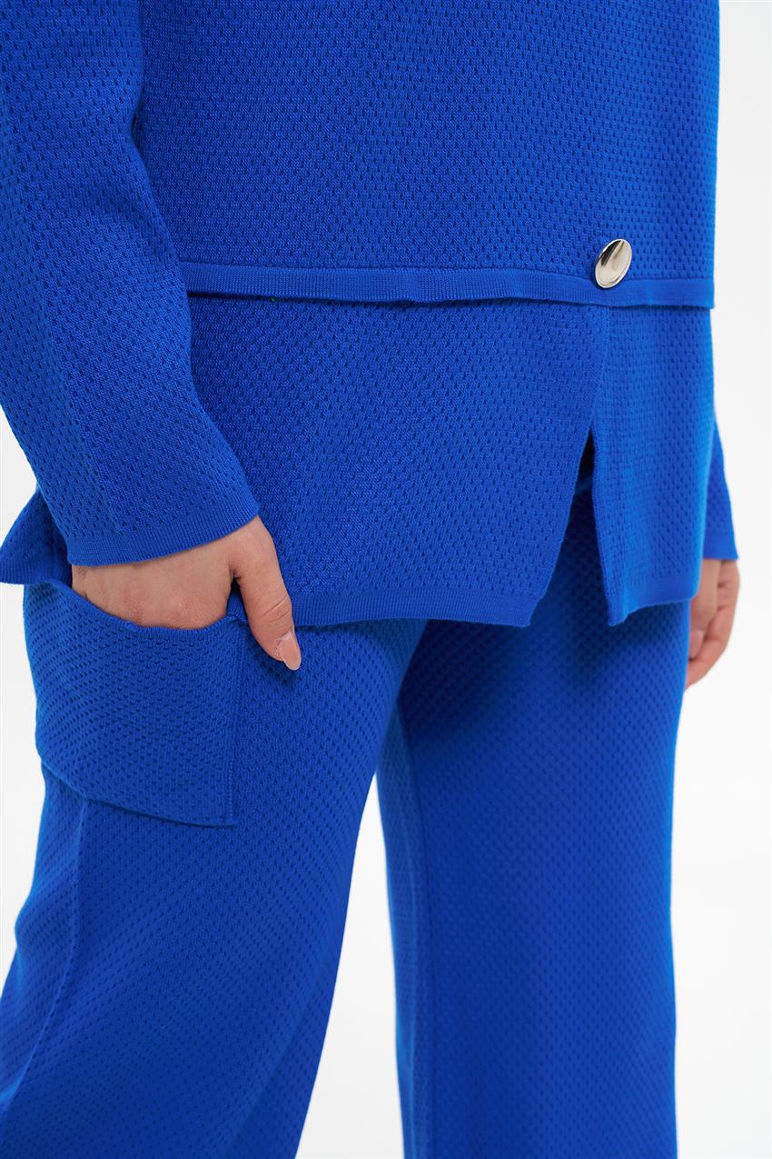 Önü Yırtmaçlı Delikli Tunik-Pantolon Saks İkili Takım