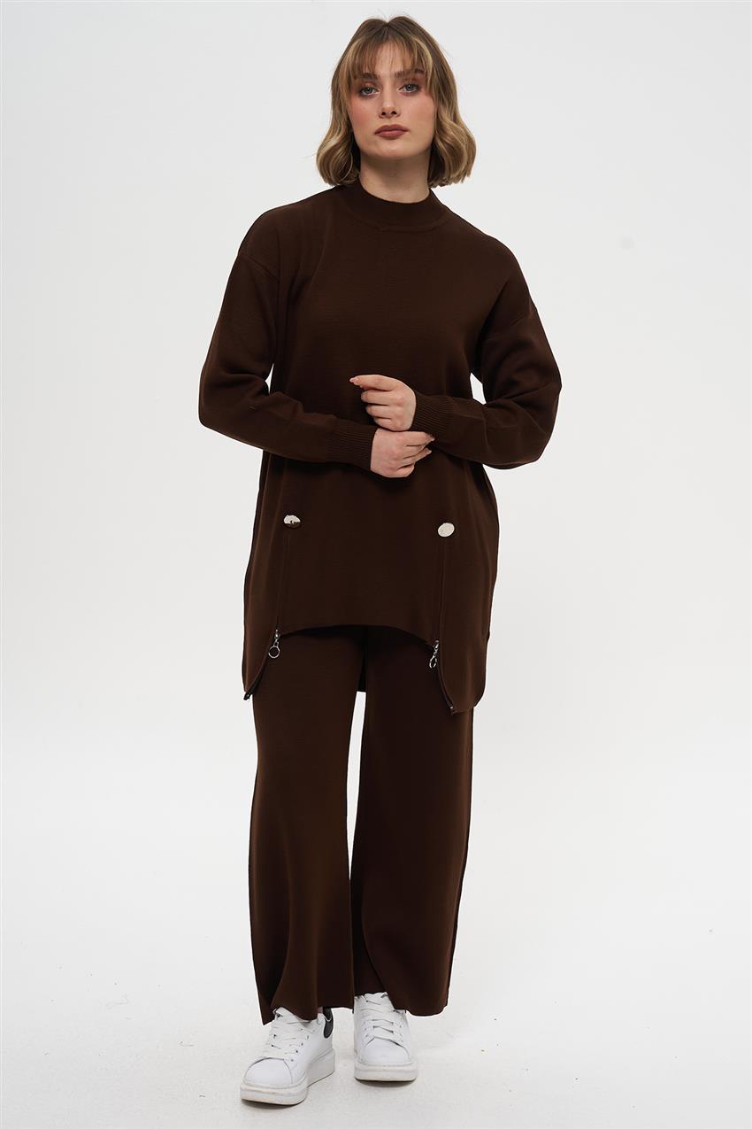 Önden Fermuarlı Tunik Takım-Kahverengi 211-68