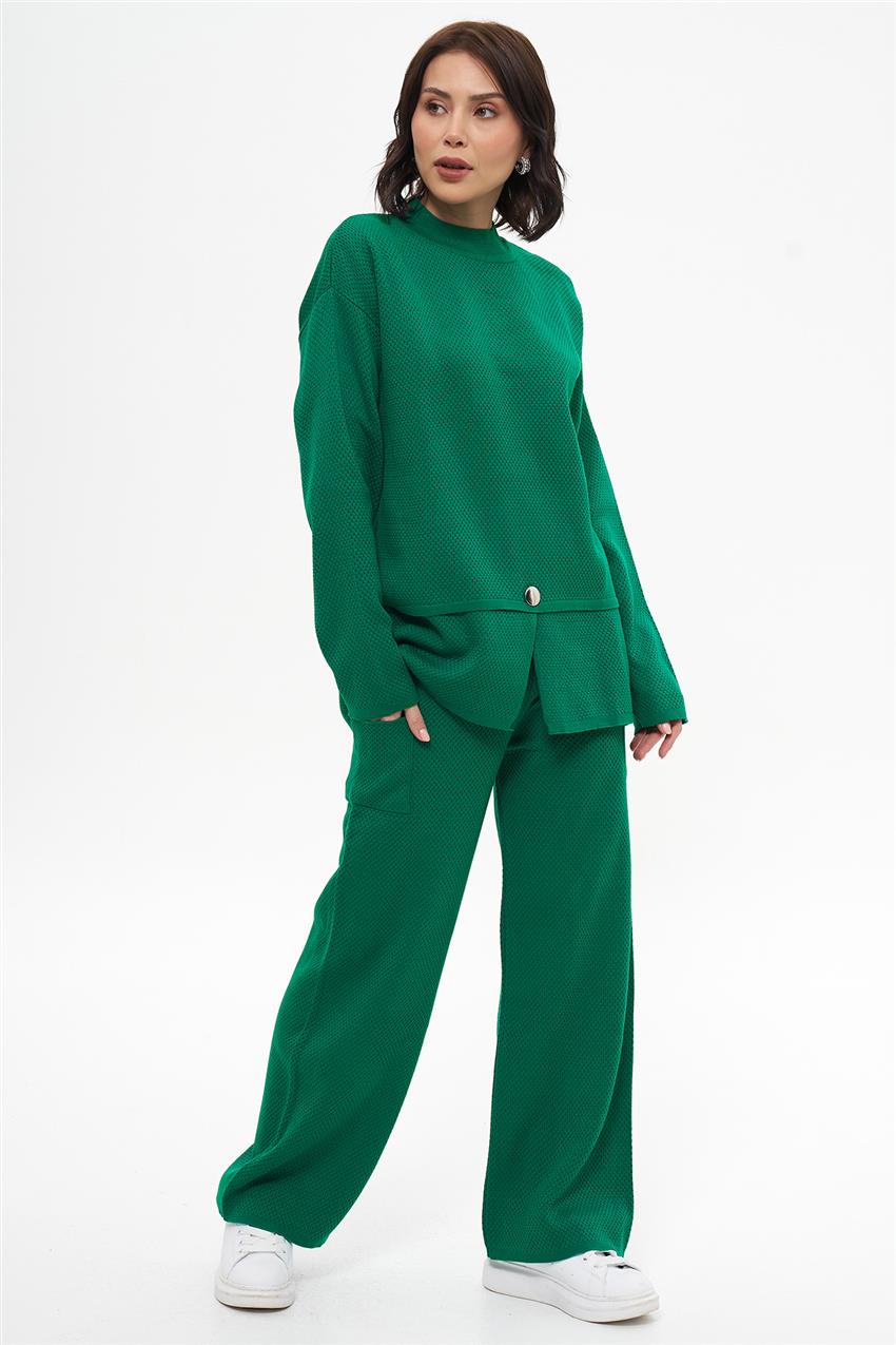 Önü Yırtmaçlı Delikli Tunik-Pantolon Benetton Yeşili İkili Takım