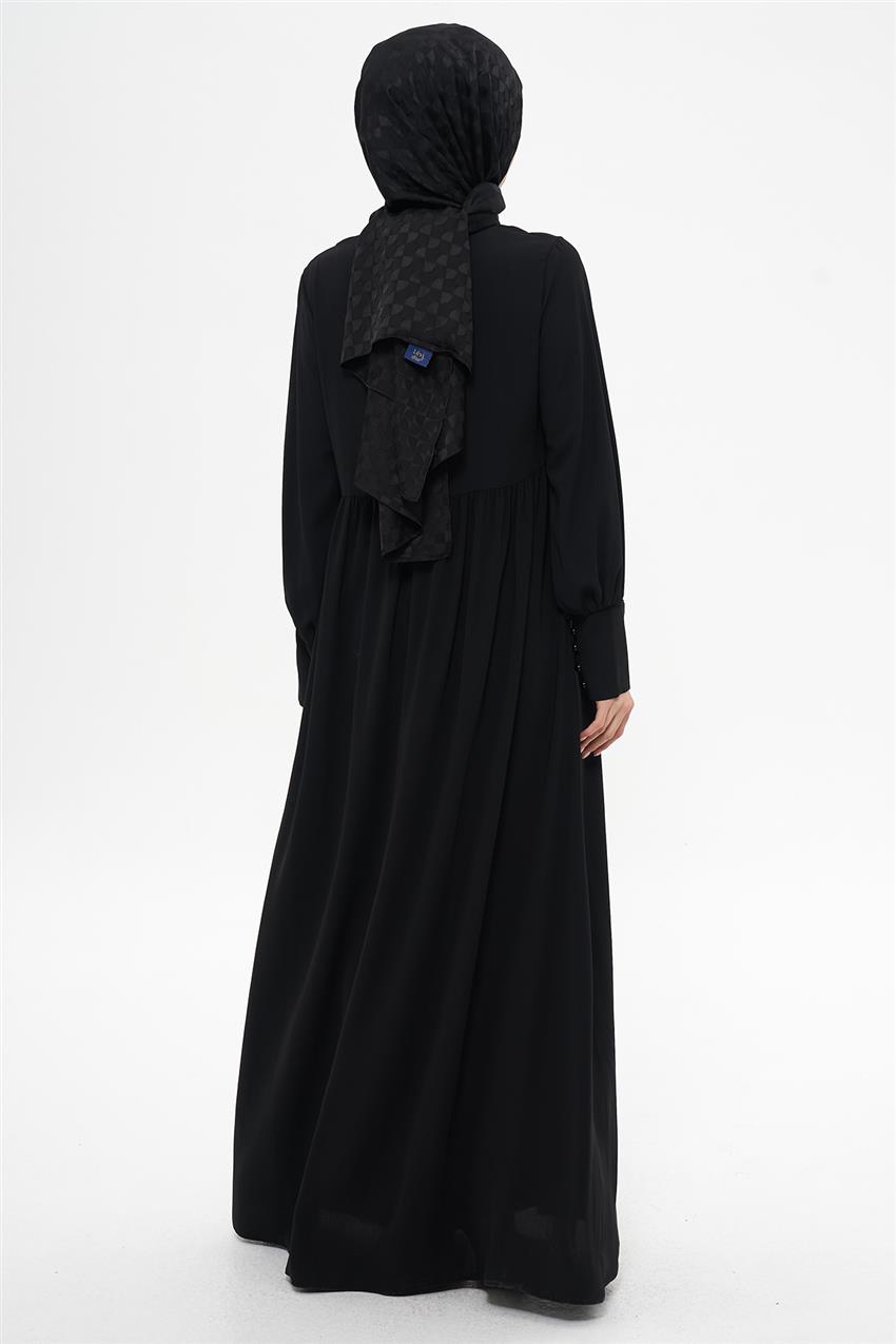 Elbise Yakası Ve Kolu İnci Düğmeli Beli Büzgülü-Siyah 330092-R236