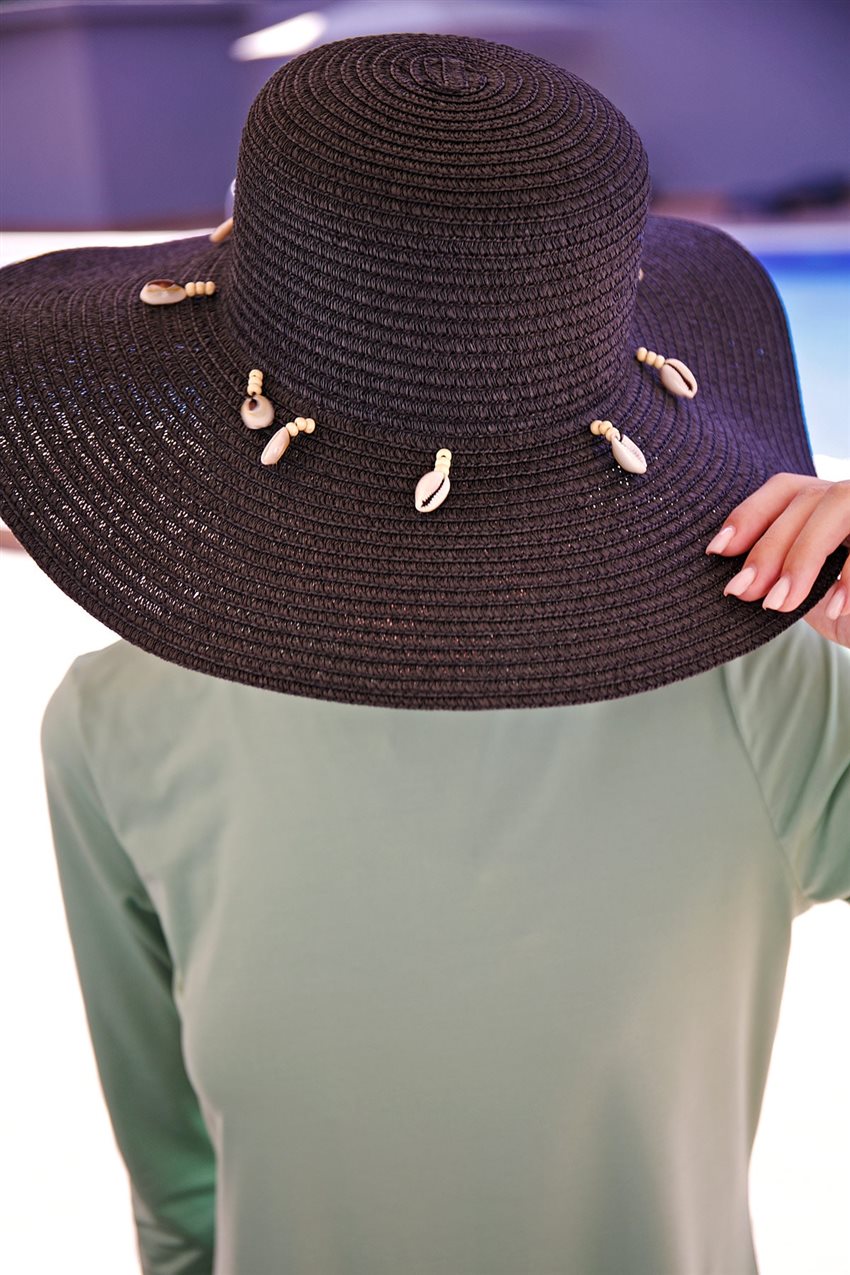 Deniz Kabuğu Siyah Geniş Hasır Şapka 142321-01