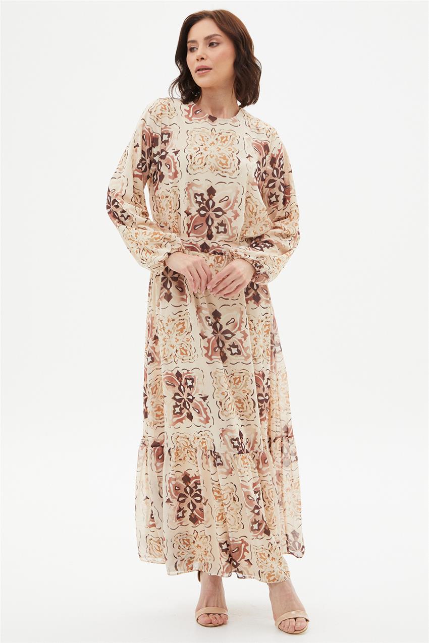 Seyyar Kuşaklı Yaprak Desenli Elbise-Kahverengi 70110-68