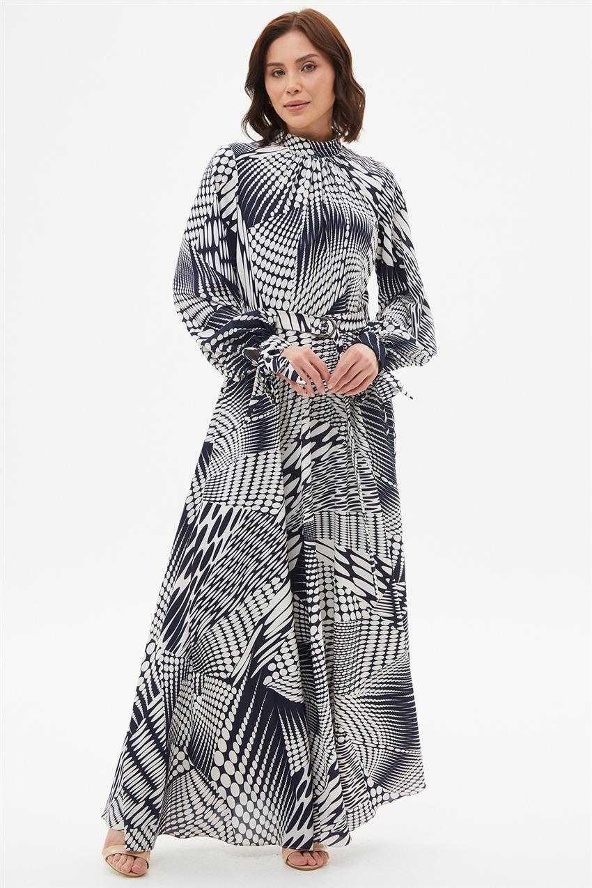 Geometrik Desenli Lacivert Elbise