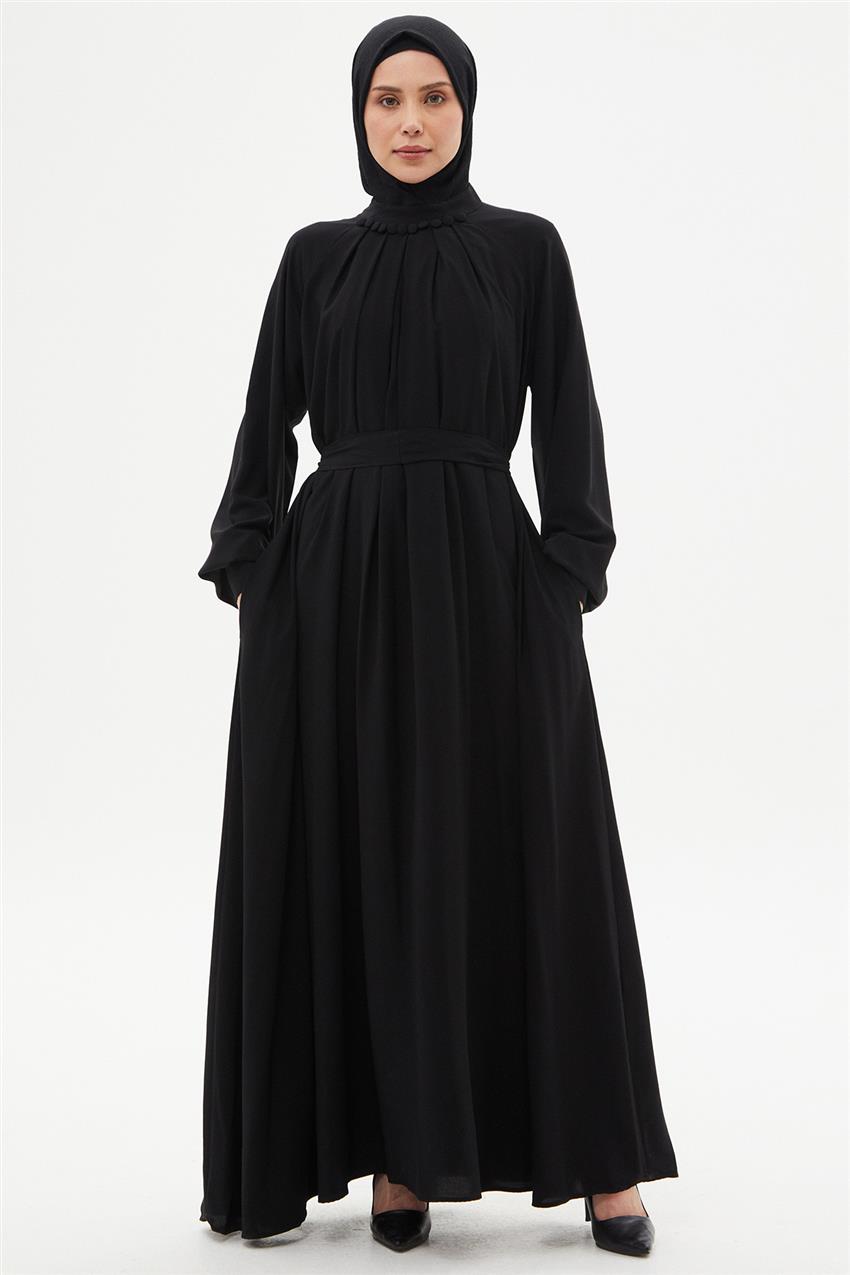Elbise Reglan Kol Yakası Düğmeli Ve Pile Detaylı-Siyah 330113-R236