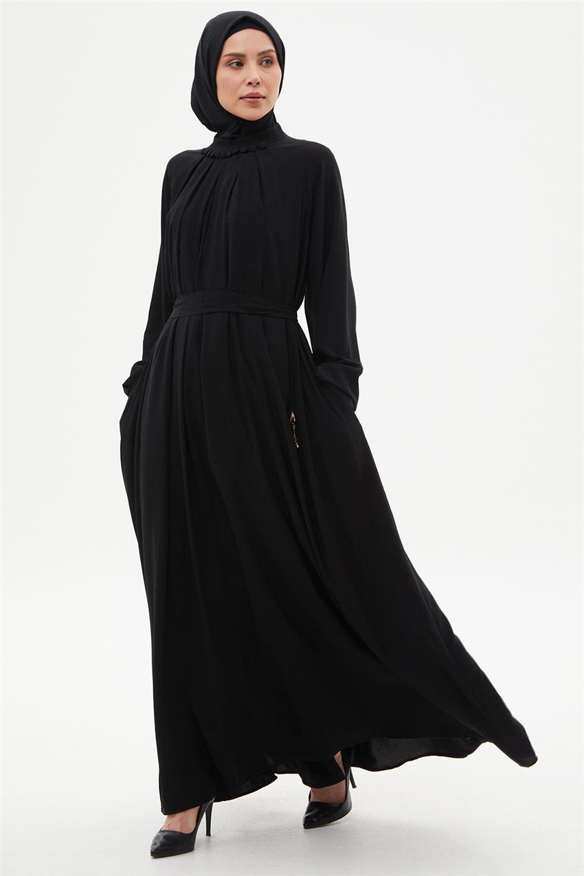 Elbise Reglan Kol Yakası Düğmeli Ve Pile Detaylı-Siyah 330113-R236