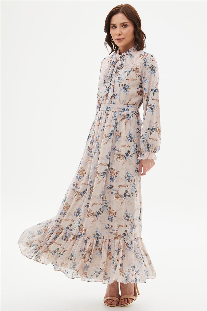 Yakası Fularlı Mini Çiçek Desenli İndigo Elbise