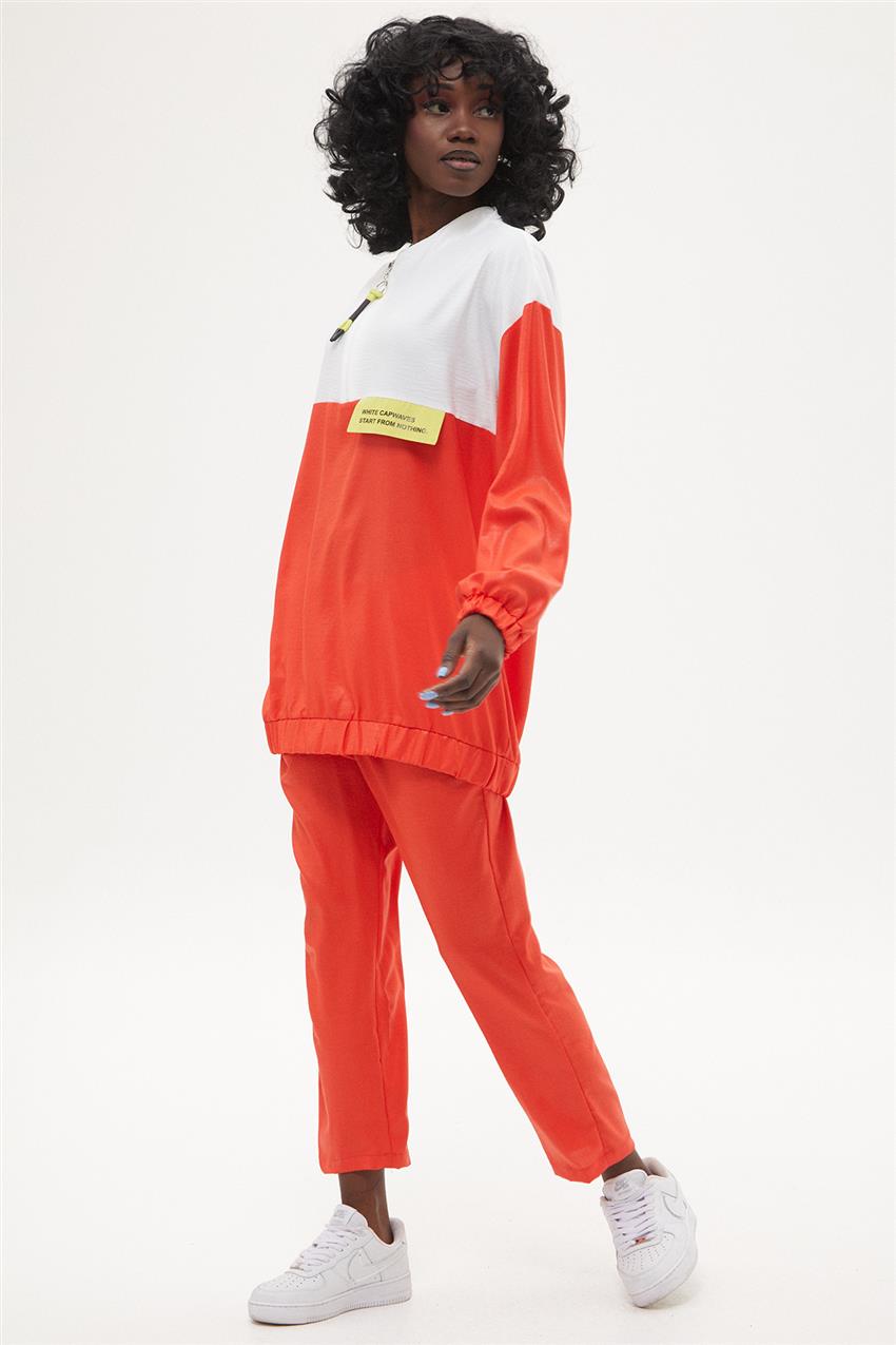 Fermuar Detaylı Tunik-Pantolon İkili Oranj Spor Takım
