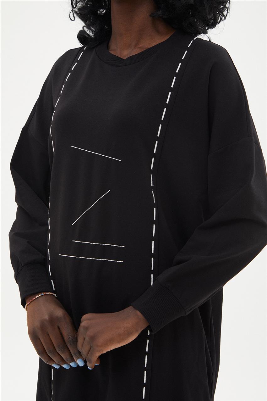 İşlemeli Sweatshirt-Siyah 10425-01
