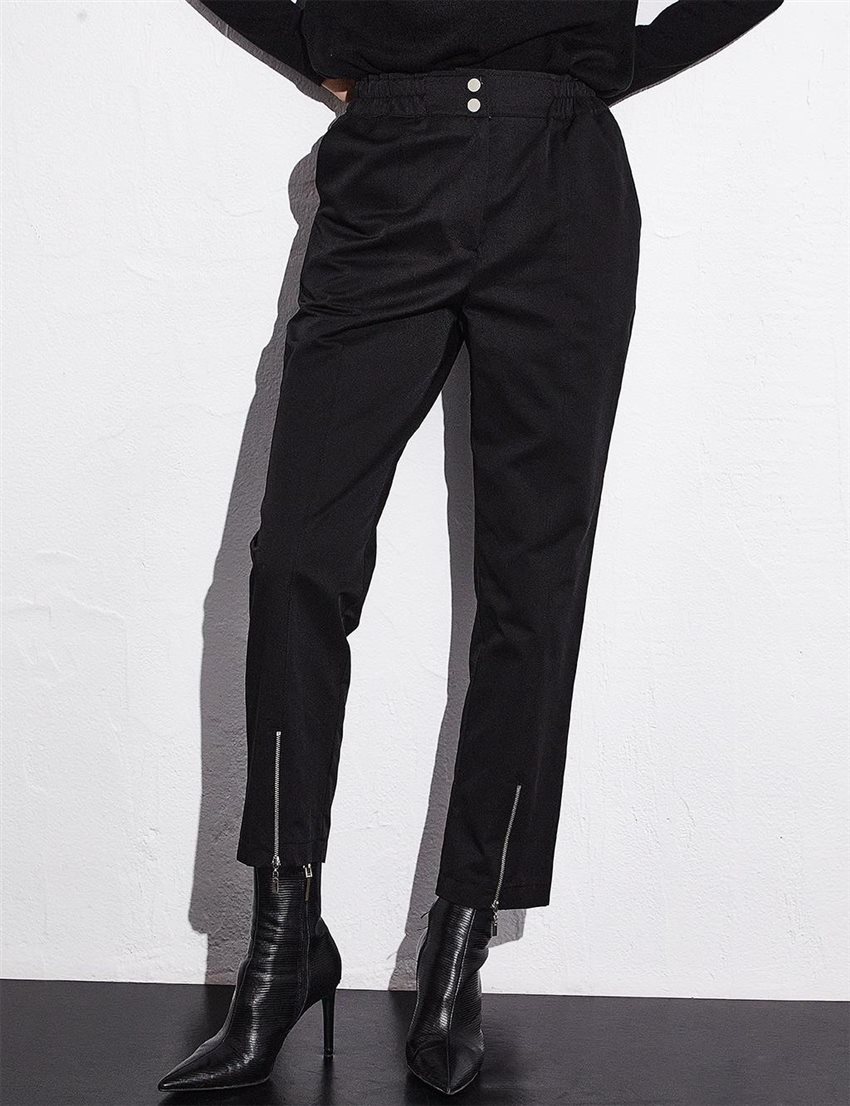 Bel Lastikli Bilekleri Fermuarlı Siyah Pantolon