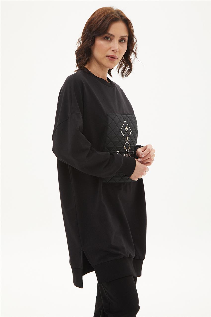 Baklava Desen Taşlı Uzun Sweatshirt-Siyah 10368-01