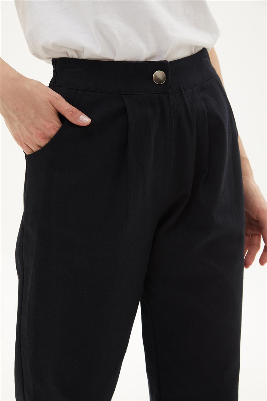 Beli Lastikli Kendinden Çizgili Pantolon-Siyah 18140-01