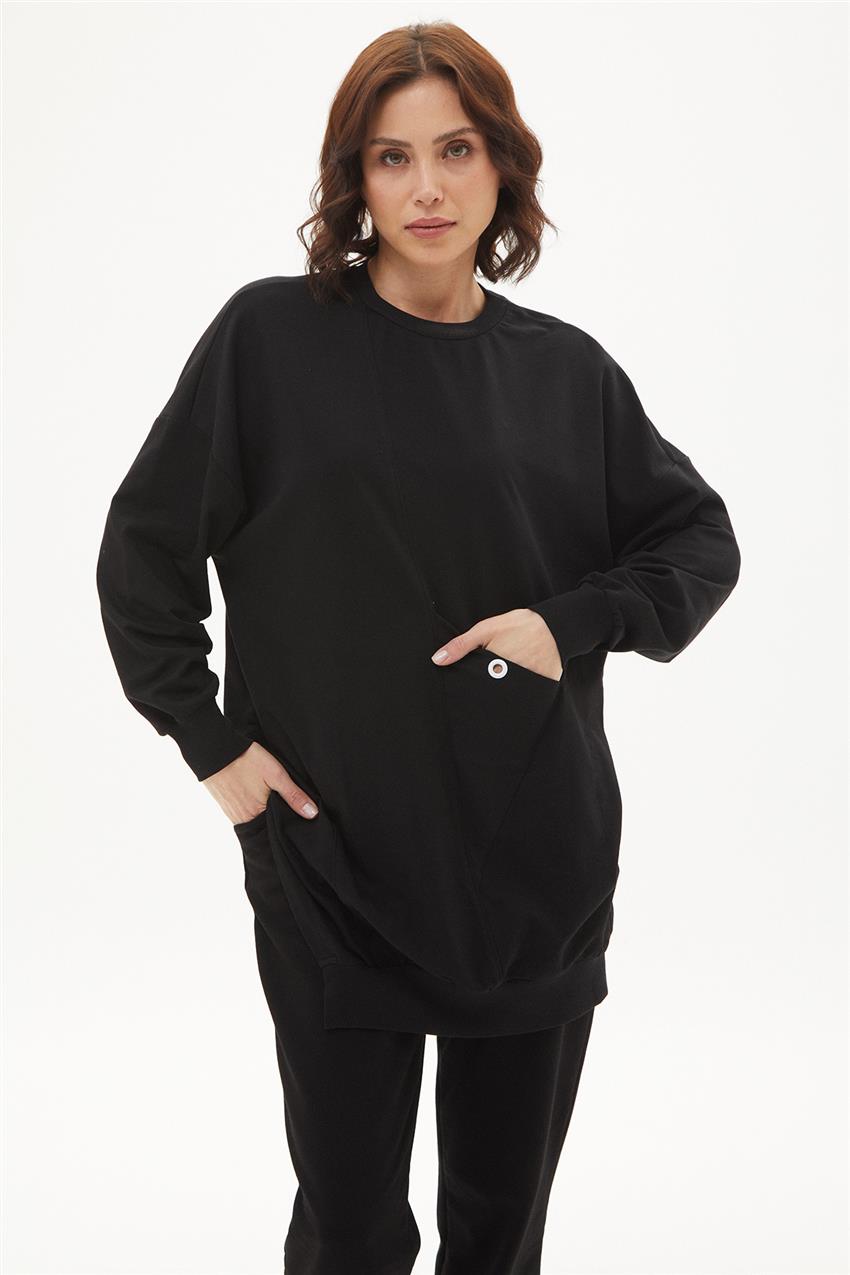 Yanları Yırtmaçlı Cepli Sweatshirt-Siyah 10389-01