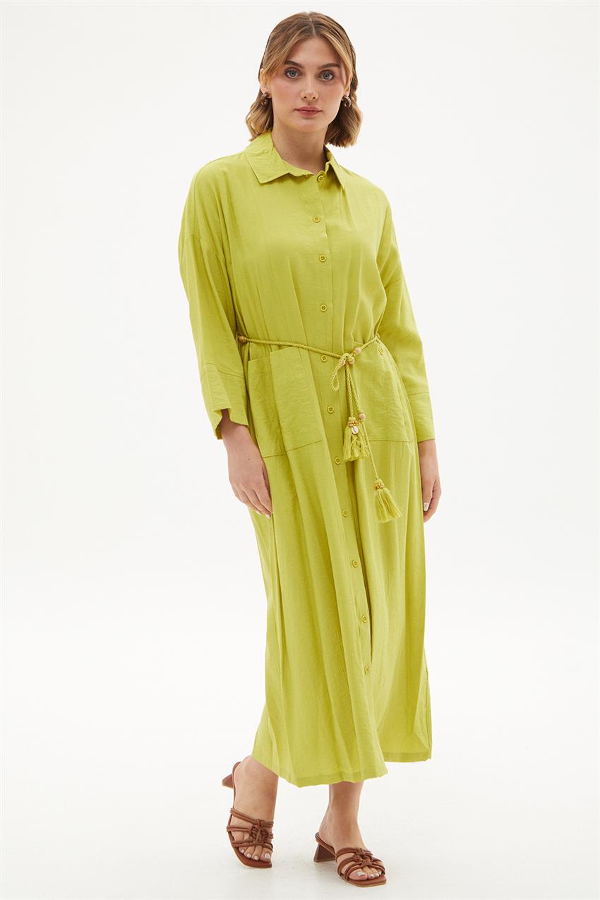 Püskül Kemerli Oversize Elbise-Lime 0032531-976