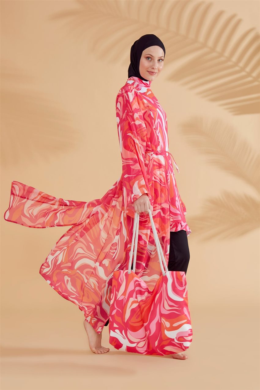 Desenli Fuşya Kimono Kaftan