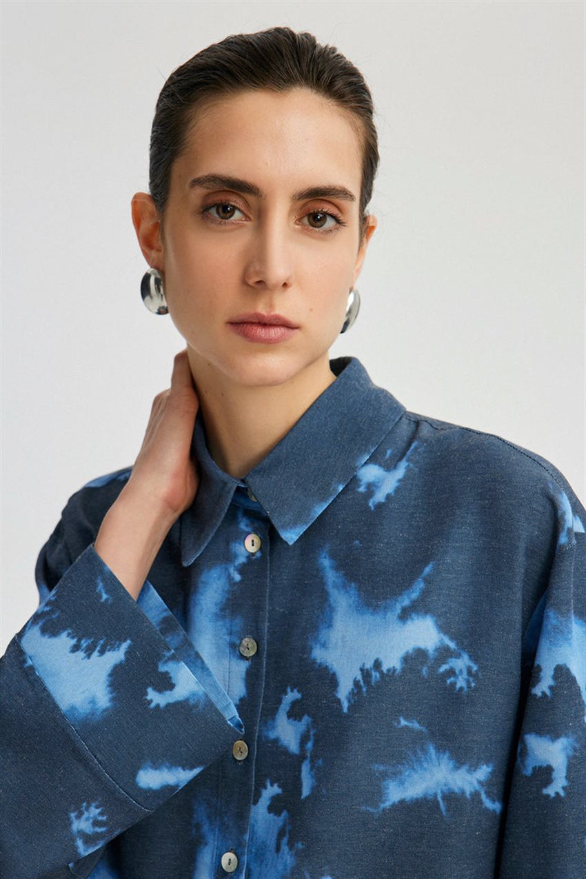 Batik Desenli Keten Dokulu Gömlek-Mavi 24Y1T0079-123
