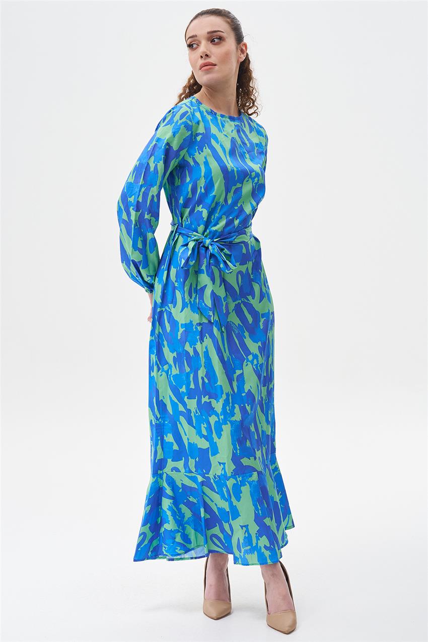 Renkli Kuşaklı Elbise-Yeşil Mavi 4411-262