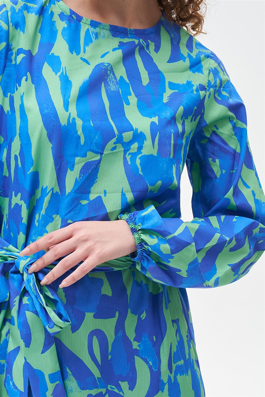 Renkli Kuşaklı Elbise-Yeşil Mavi 4411-262