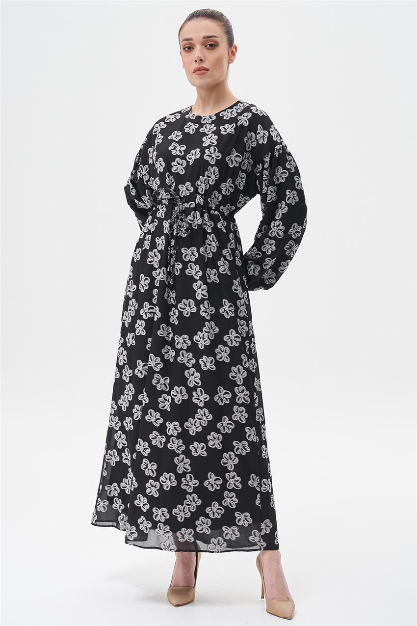 Çiçek Desen Bel Bağcıklı Elbise-Siyah 13340-01