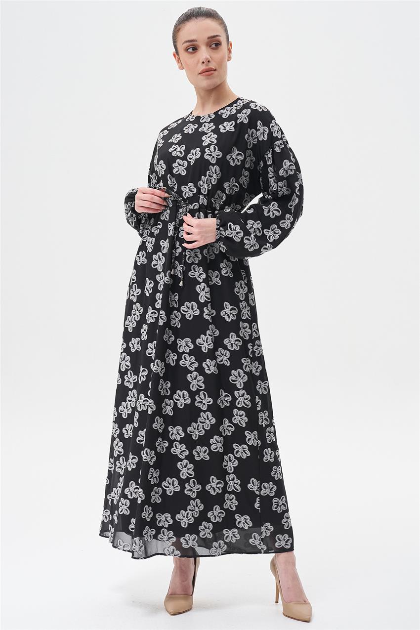 Çiçek Desen Bel Bağcıklı Elbise-Siyah 13340-01