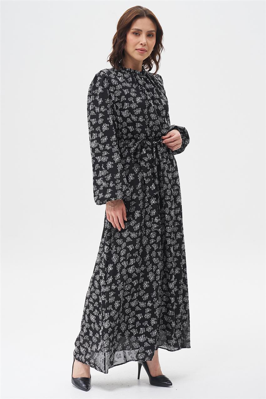 Buket Desenli Bel Bağcıklı Elbise-Siyah 13345-01