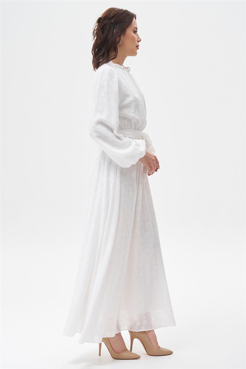 Buket Desenli Bel Bağcıklı Elbise-Ekru 13345-52