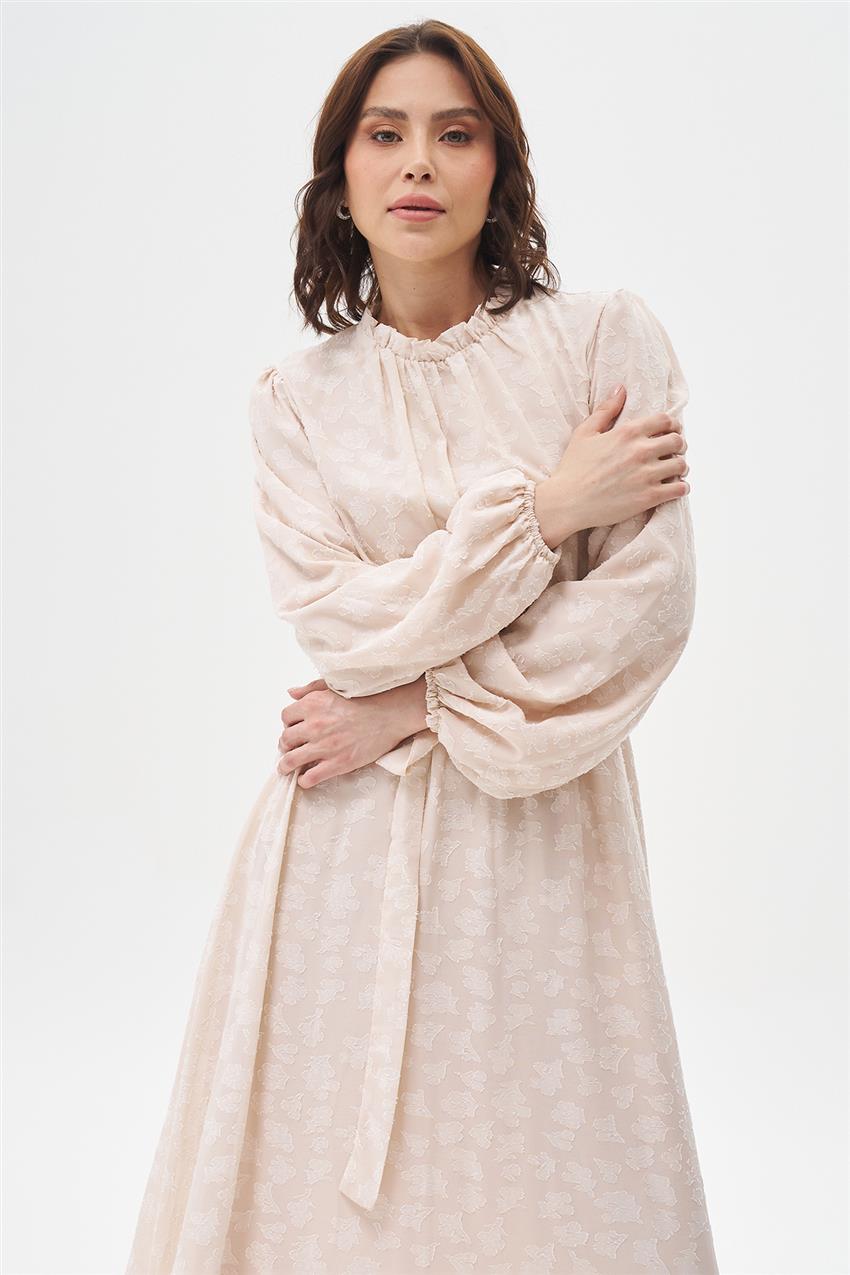 Buket Desenli Bel Bağcıklı Elbise-Bej 13345-11