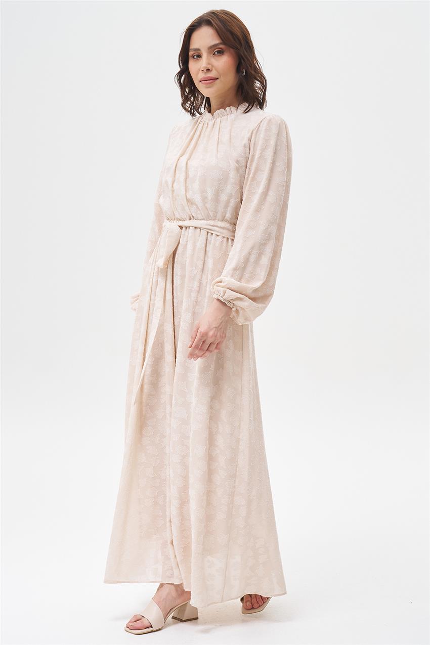 Buket Desenli Bel Bağcıklı Elbise-Bej 13345-11