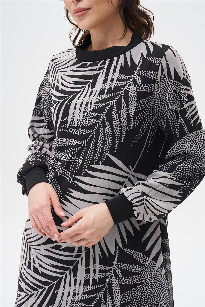 Palmiye Desen Elbise-Siyah Gri 7027-205
