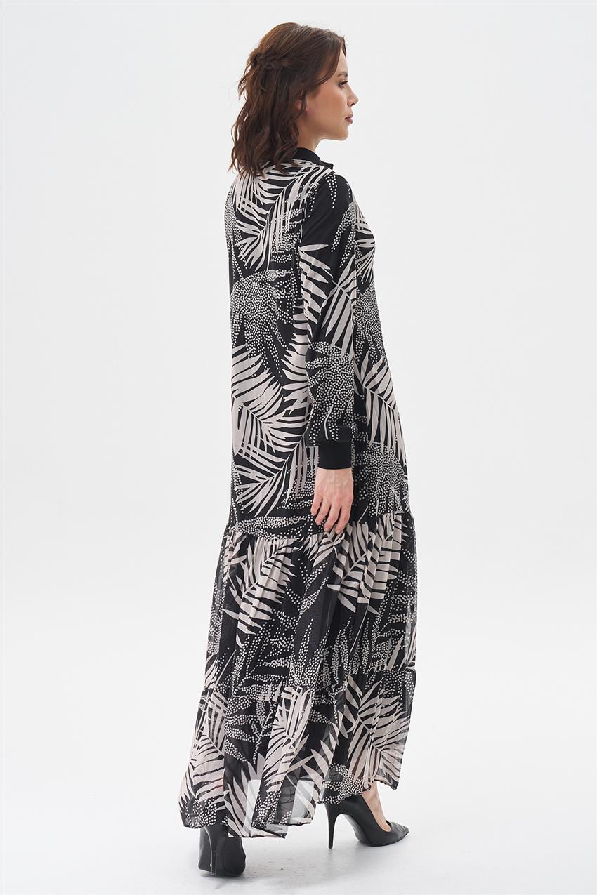 Palmiye Desen Elbise-Siyah Gri 7027-205