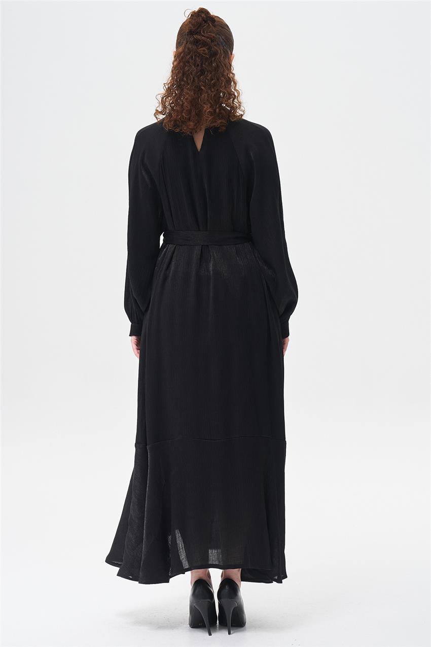 Etek Ucu Volanlı Elbise-Siyah N-5678-01