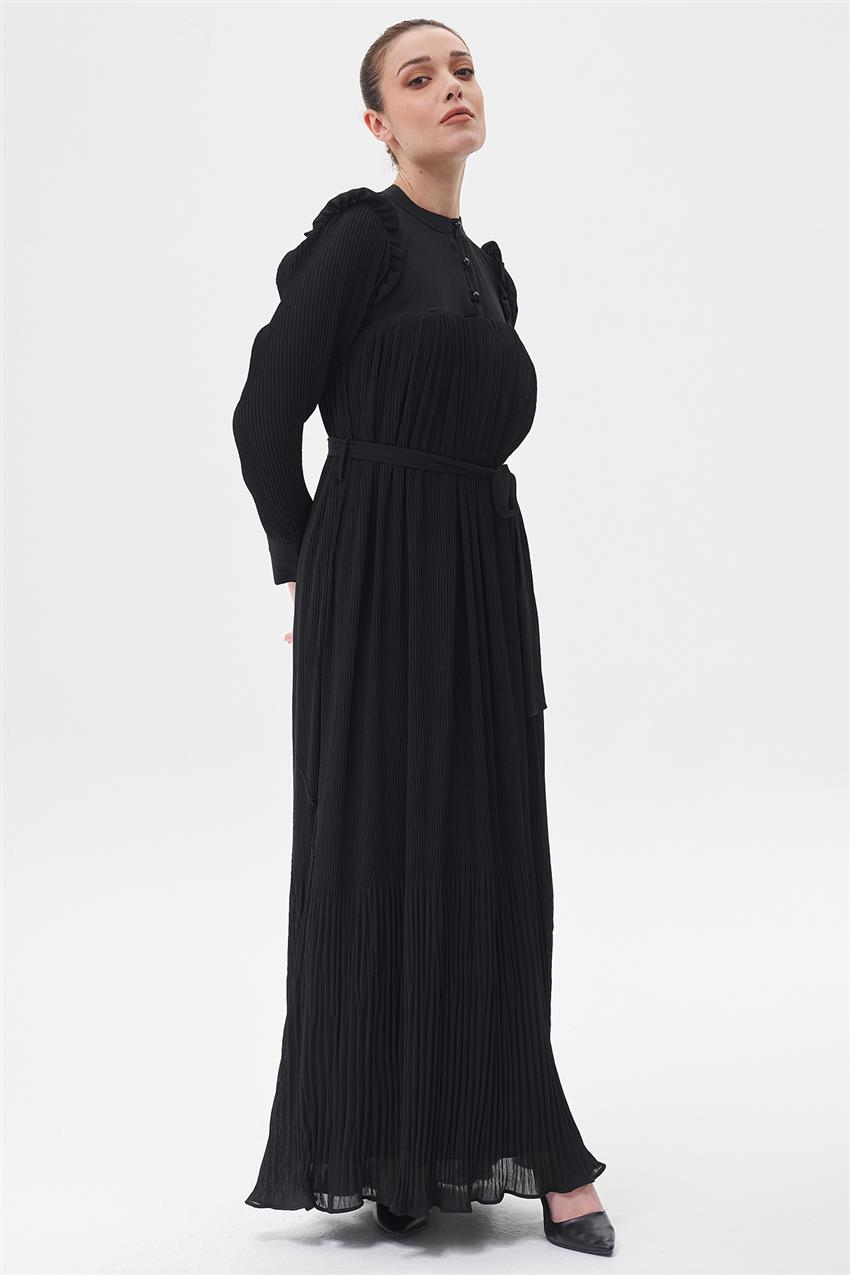 Yoğun Piliseli Elbise-Siyah N-3071-01