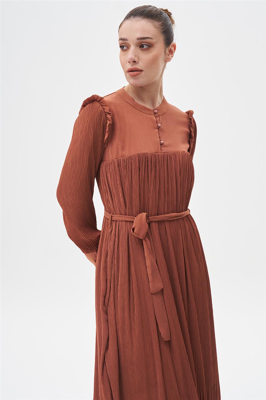 Yoğun Piliseli Elbise-Bronz N-3071-98