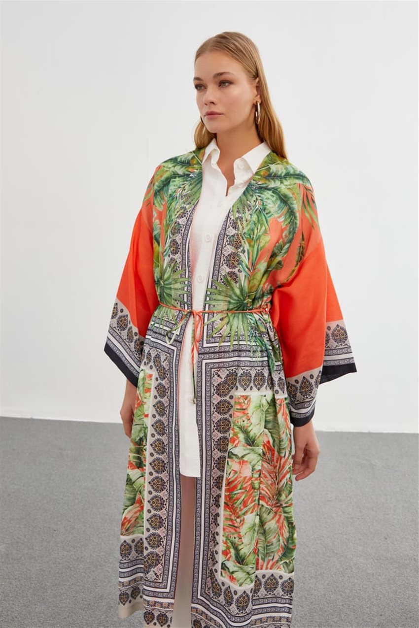 Desenli Oranj Kimono