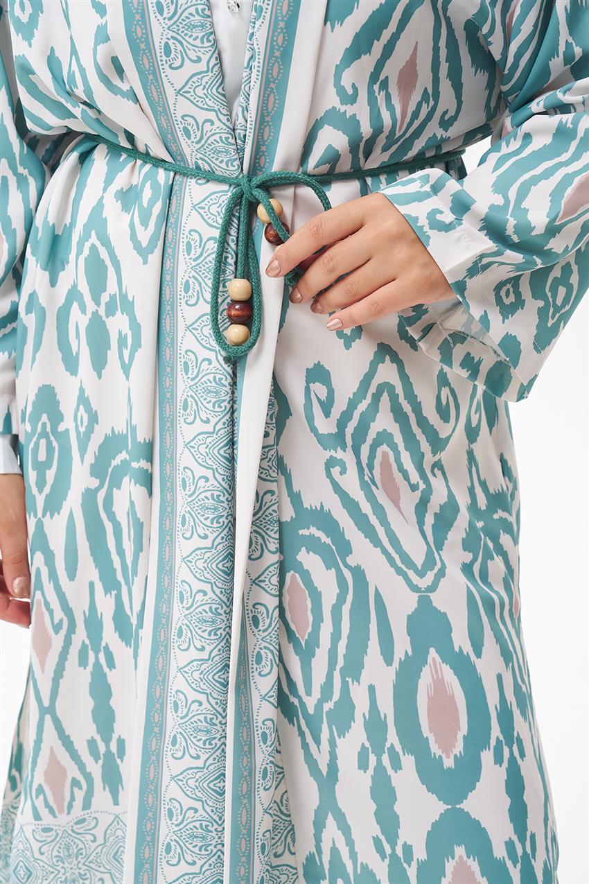 Etnik Desenli Mint Kimono