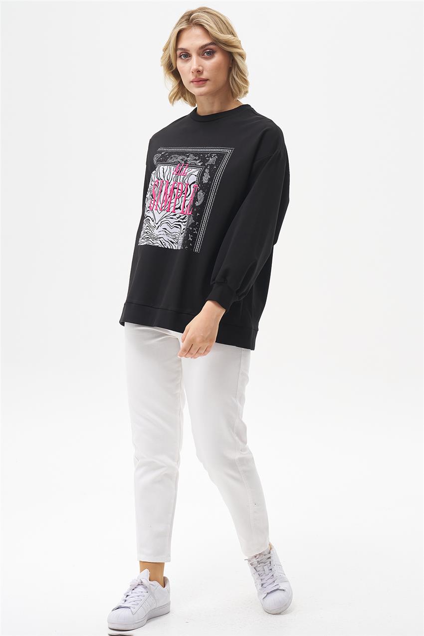 Yazı Nakışlı Siyah Sweatshirt