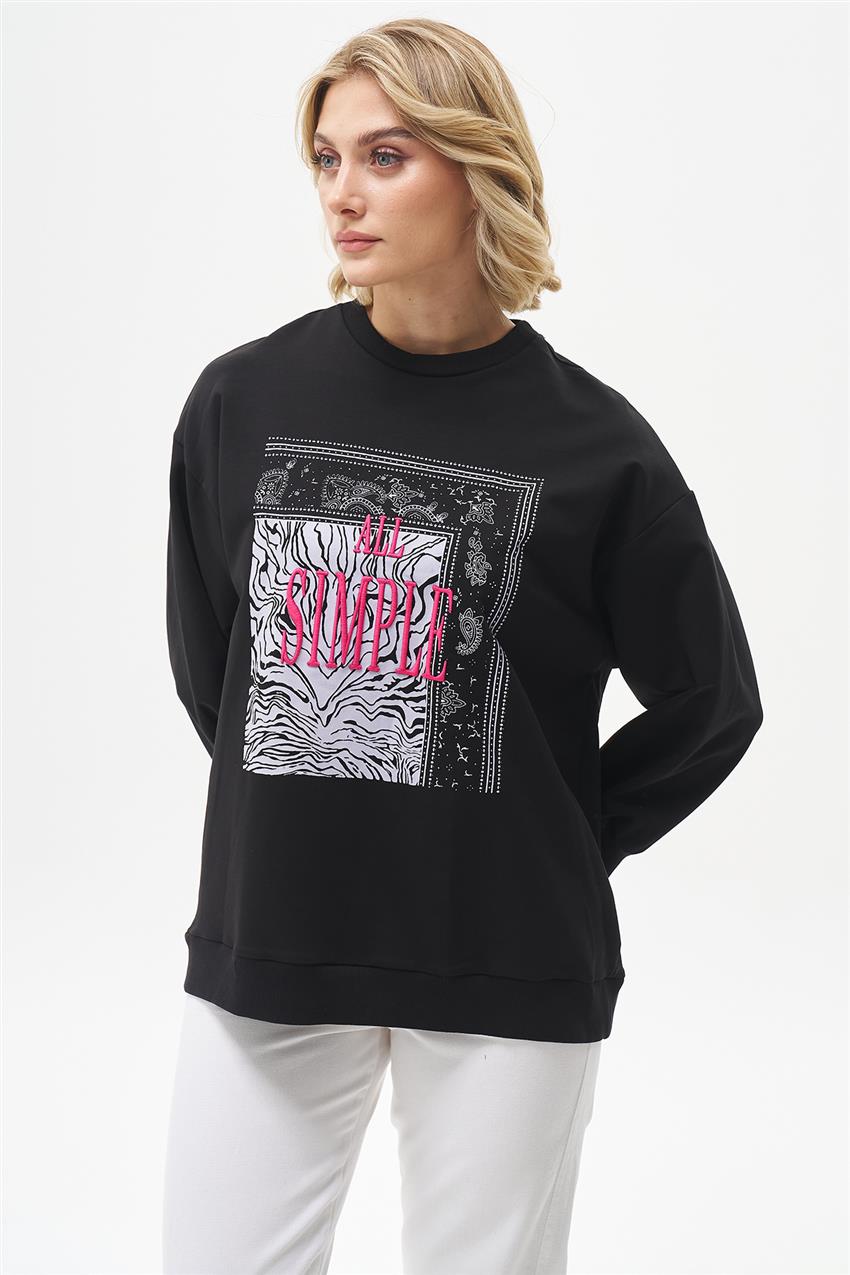 Yazı Nakışlı Siyah Sweatshirt