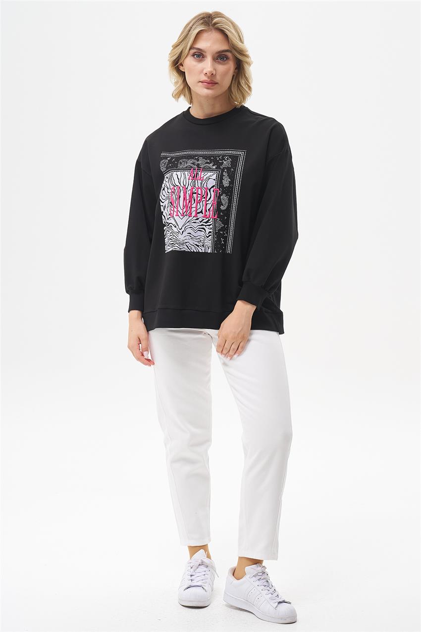 Yazı Nakışlı Siyah Sweatshirt