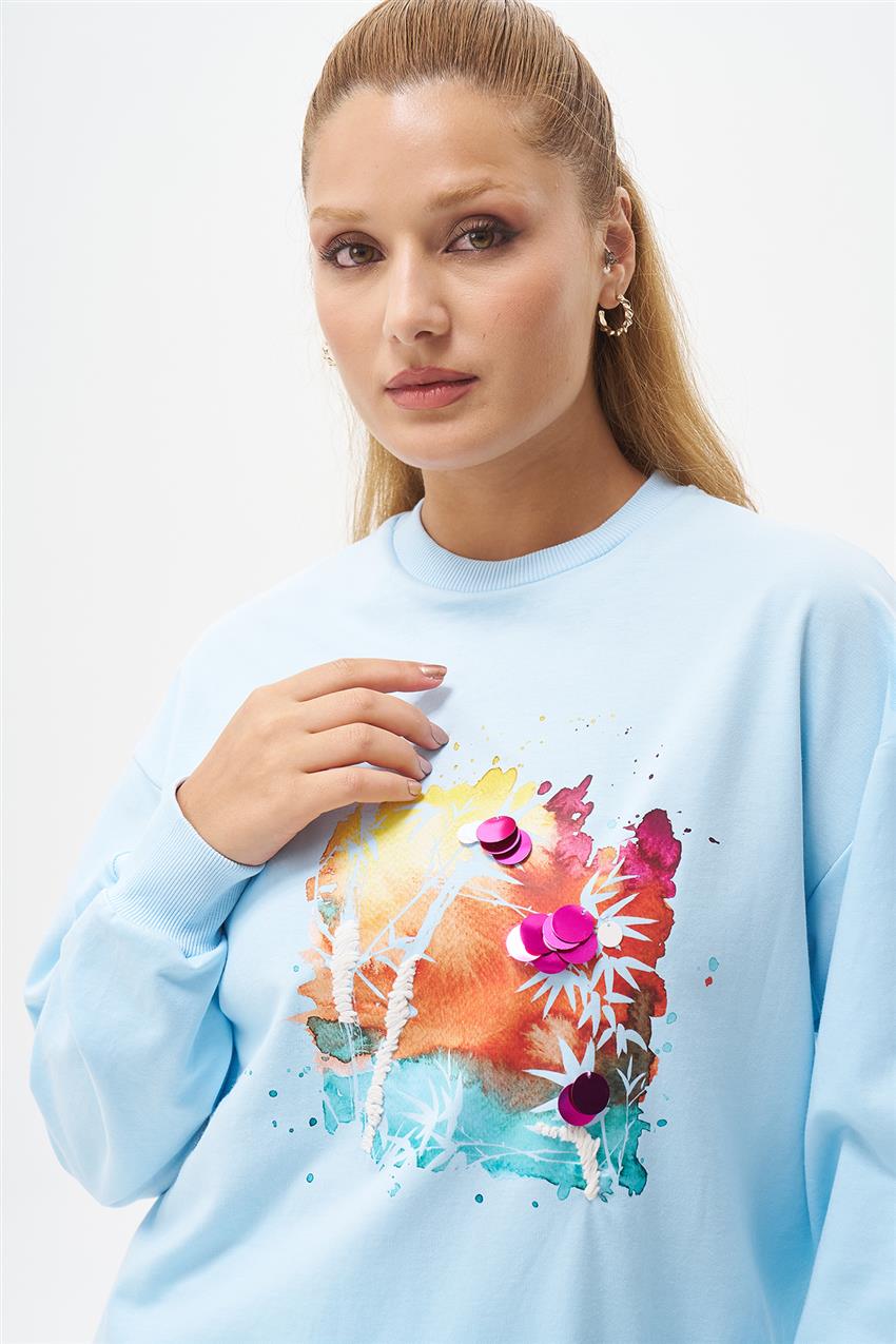 Pul İşlemeli Baskılı Buz Mavisi Sweatshirt