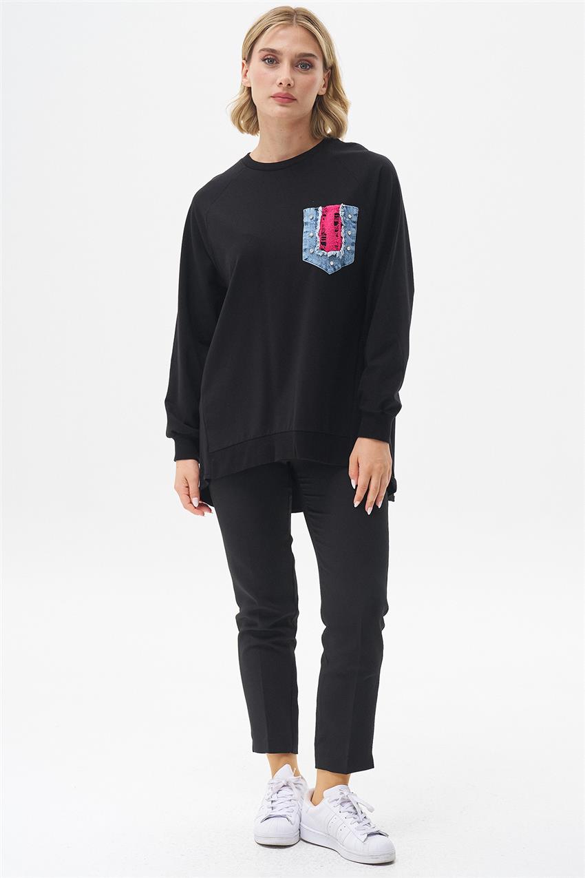 Jean Cep Detaylı Siyah-Fuşya Sweatshirt