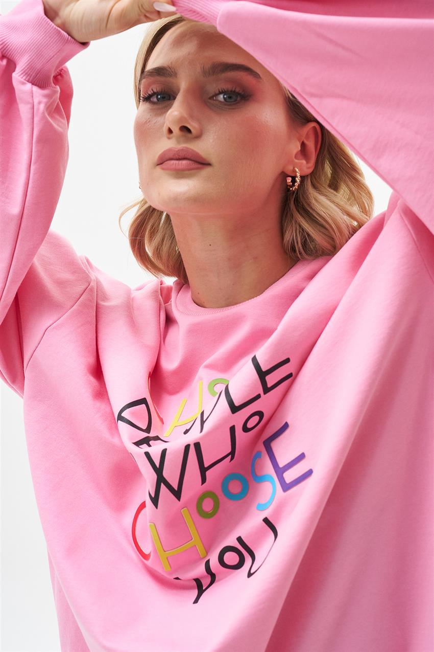 Renkli Yazı Baskılı Pembe Sweatshirt 