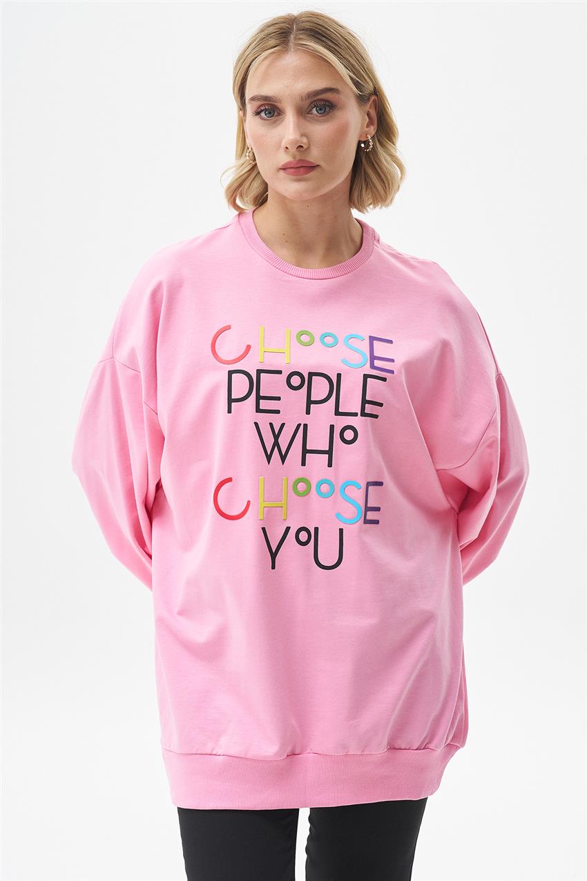 Renkli Yazı Baskılı Pembe Sweatshirt 